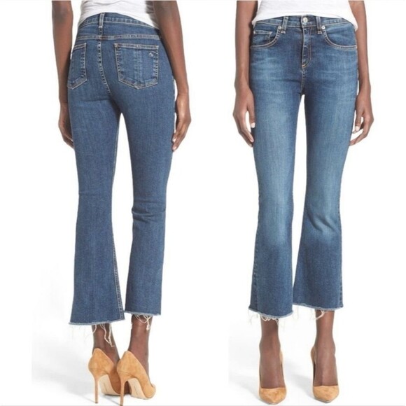rag & bone Flare Crop Leg Paz Medium Blue Wash Jeans Frayed Hem Ankles Size 30 - Picture 1 of 16